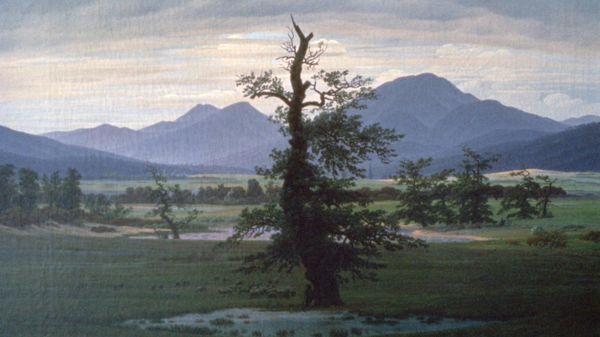 Die "Dorflandschaft bei Morgenbeleuchtung" von Caspar David Friedrich zeigt einen einsamen knorrigen Baum in Mitten einer großen Wiesenlandschaft. Im Hintergrund: Berge.