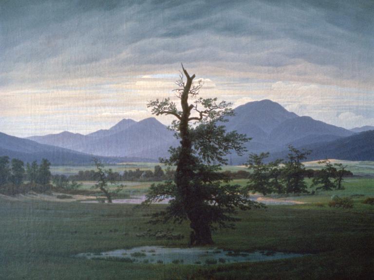 Die "Dorflandschaft bei Morgenbeleuchtung" von Caspar David Friedrich zeigt einen einsamen knorrigen Baum in Mitten einer großen Wiesenlandschaft. Im Hintergrund: Berge.