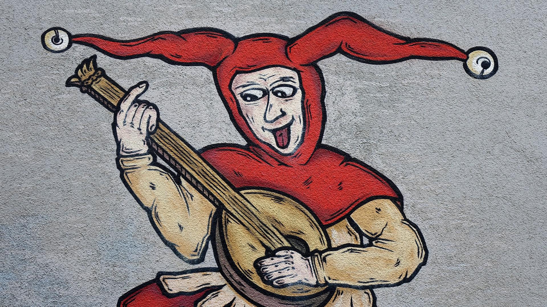 An einer Hausfassade der Eulenspiegel-Apotheke in Magedeburg befindet sich das Graffiti von Till Eulenspiegel.