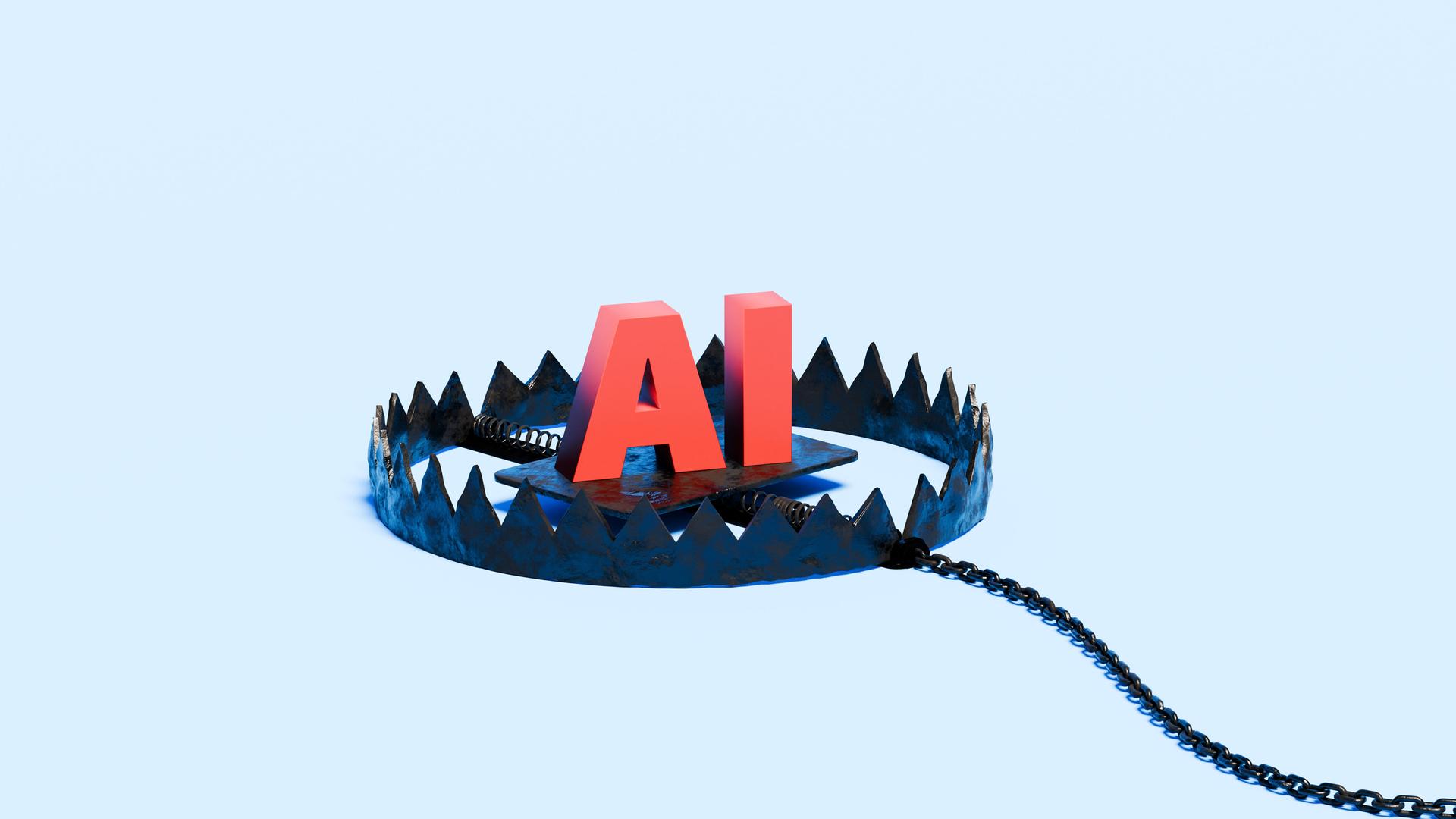 Illustration der Buchstaben „AI“, die in einer Bärenfalle stehen. Sie symbolisieren die potenziellen Risiken, ethischen Bedenken und unvorhergesehenen Folgen der Entwicklung künstlicher Intelligenz. 