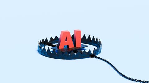 Illustration der Buchstaben „AI“, die in einer Bärenfalle stehen. Sie symbolisieren die potenziellen Risiken, ethischen Bedenken und unvorhergesehenen Folgen der Entwicklung künstlicher Intelligenz. 