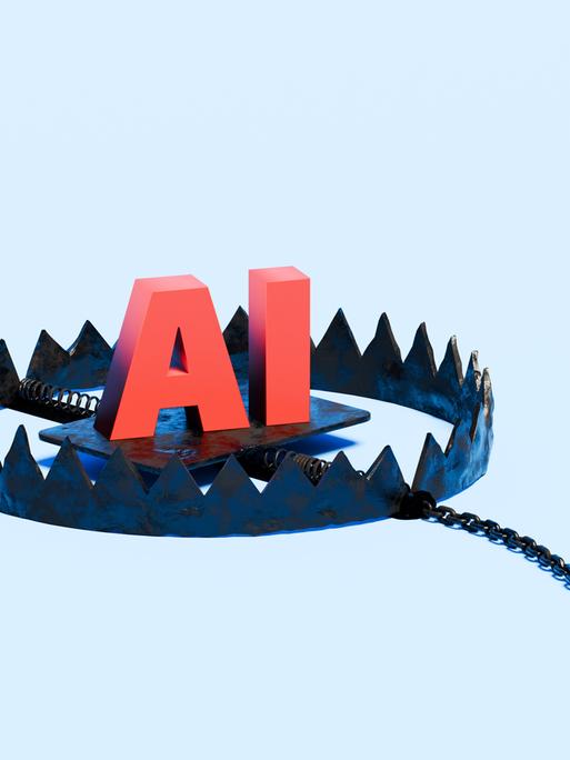 Illustration der Buchstaben „AI“, die in einer Bärenfalle stehen. Sie symbolisieren die potenziellen Risiken, ethischen Bedenken und unvorhergesehenen Folgen der Entwicklung künstlicher Intelligenz. Illustration der Buchstaben „AI“, die in einer Bärenfalle stehen. Sie symbolisieren die potenziellen Risiken, ethischen Bedenken und unvorhergesehenen Folgen der Entwicklung künstlicher Intelligenz.