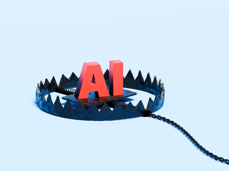 Illustration der Buchstaben „AI“, die in einer Bärenfalle stehen. Sie symbolisieren die potenziellen Risiken, ethischen Bedenken und unvorhergesehenen Folgen der Entwicklung künstlicher Intelligenz. Illustration der Buchstaben „AI“, die in einer Bärenfalle stehen. Sie symbolisieren die potenziellen Risiken, ethischen Bedenken und unvorhergesehenen Folgen der Entwicklung künstlicher Intelligenz.