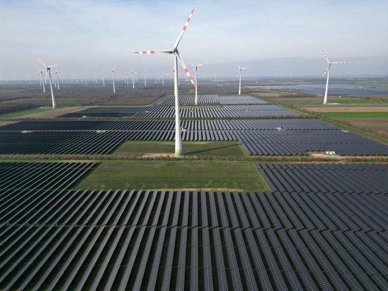 In einem Wind- und Solarpark stehen aufgereiht Windräder und große Flächen mit Solarpanels.