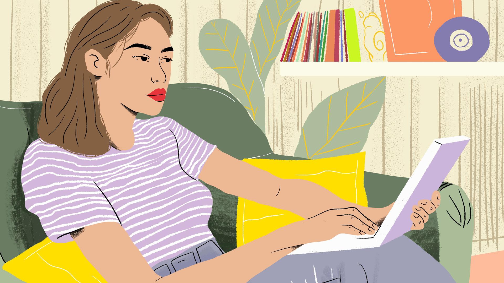 Illustration einer Frau, die entspannt auf dem Sofa an einem Laptop arbeitet.