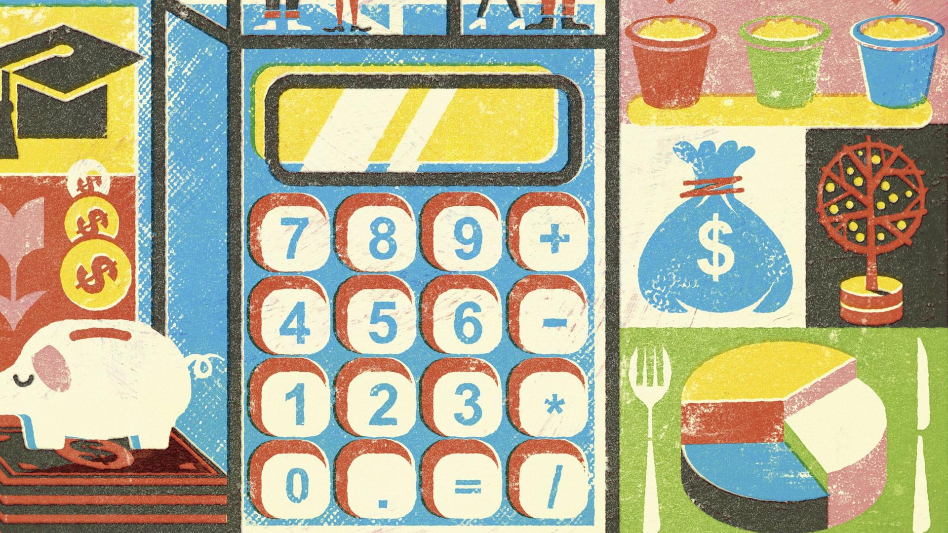 Illustration: Finanzen, Steuern, Haus und Familie mit vielen kleinen Details, die zeigen, wohin Geldströme fließen, wer Geld  bekommt und wo es abfließt.