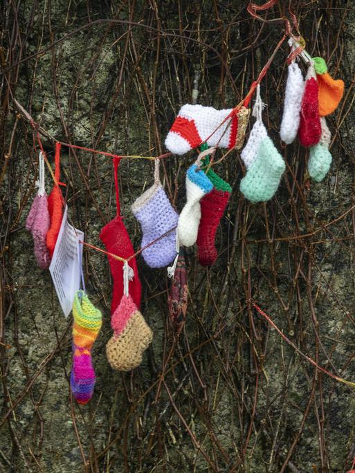 Bunte gestrickte Babysocken hängen in Geäst an einer Hauswand.