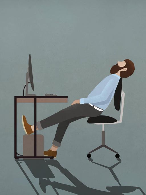 Illustration zeigt einen Mann, der entspannt zurückgelehnt und scheinbar schlafend an einem Schreibtisch sitzt.
