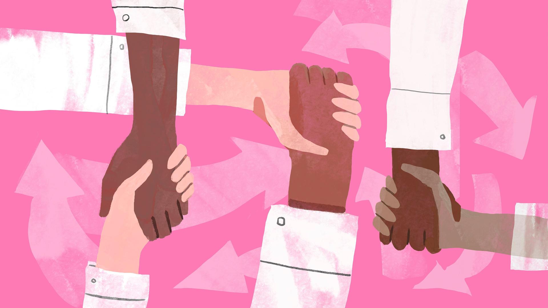Eine Illustration zeigt Hände und Arme verschiedener Hautfarben, die sich einander unterstützen