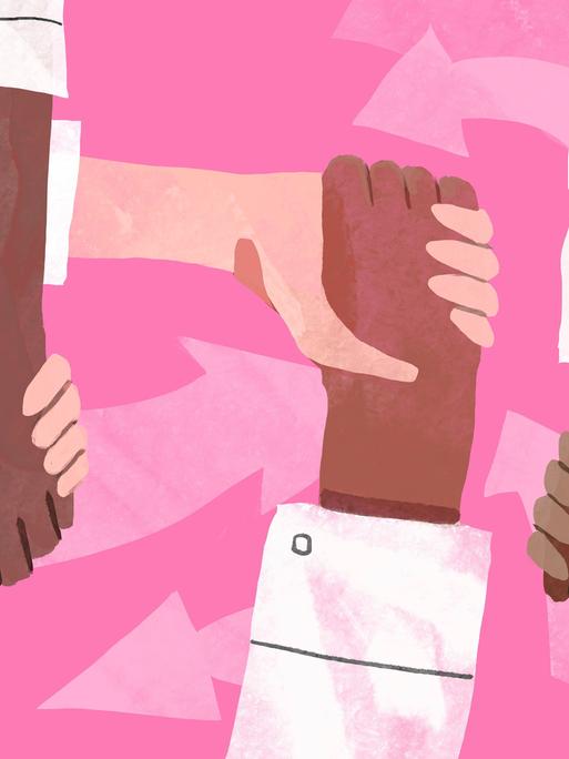 Eine Illustration zeigt Hände und Arme verschiedener Hautfarben, die sich einander unterstützen