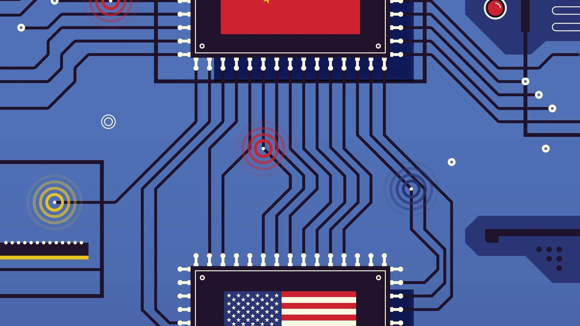 Das Foto zeigt eine Illustration einer Platine. Darauf sind zwei Computerchips, zum einen mit der chinesischen und zum anderen mit der US-Flagge markiert. Das Foto zeigt eine Illustration einer Platine. Darauf sind zwei Computerchips, zum einen mit der chinesischen und zum anderen mit der US-Flagge markiert.