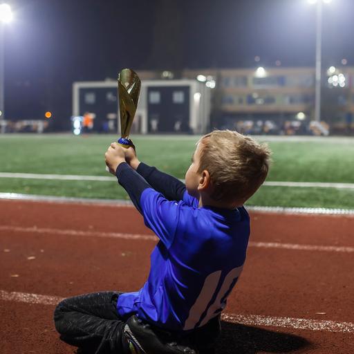 Junger Fußballspieler in blauem Jersey hält den Pokal in die Luft in einem Stadium