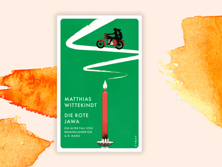 Das Cover des Krimis von Matthias Wittekindt, "Die rote Jawa". Es zeigt neben dem Namen des Autors und dem Titel eine rote, brennende Kerze auf einheitlich grünem Grund. Der Rauch der Kerze wird zu einer kurvigen Straße, auf der ein Motorrad bergan fährt.