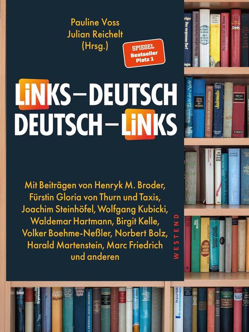 Das Bild zeigt das Cover des Buches "Links - Deutsch / Deutsch - Links" von Julian Reichelt und Pauline Voss vor einem Bücherregal.