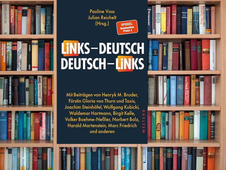 Das Bild zeigt das Cover des Buches "Links - Deutsch / Deutsch - Links" von Julian Reichelt und Pauline Voss vor einem Bücherregal.