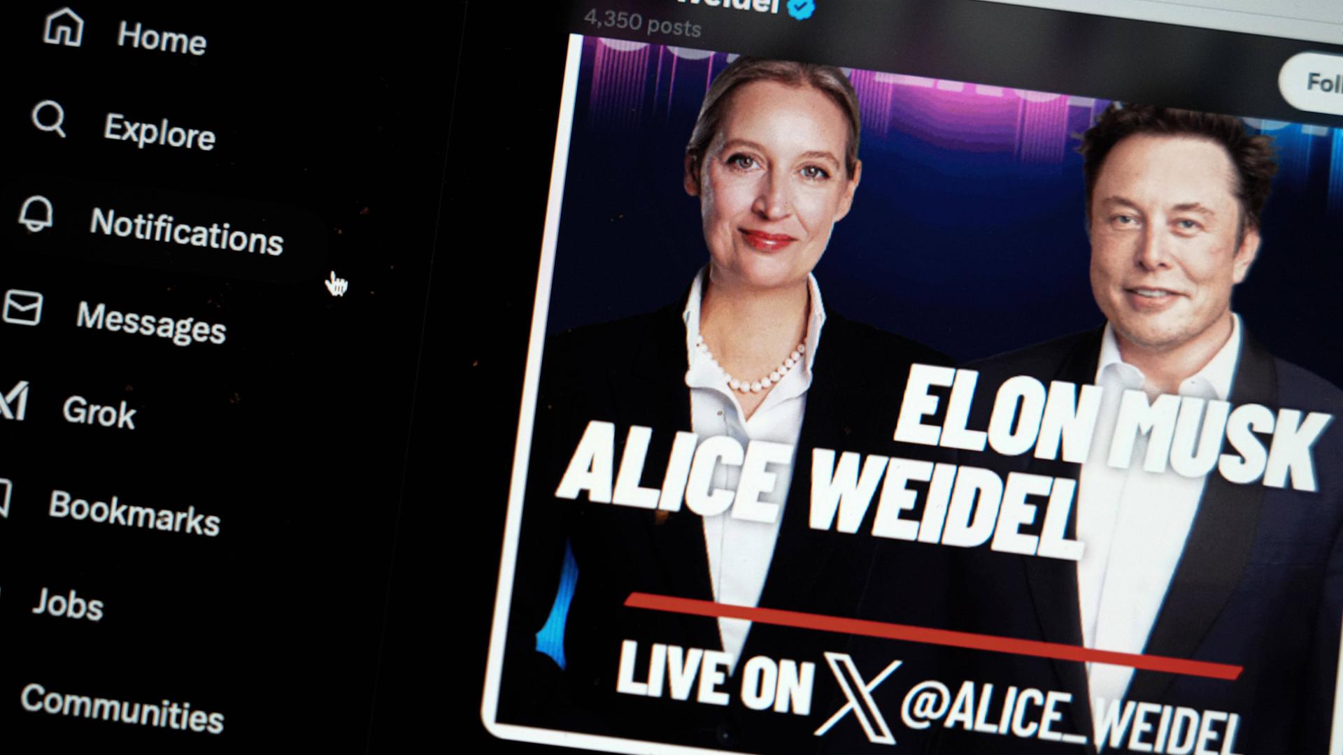 Bilder von AfD-Chefin Alice Weidel und US-Milliardär Elon Musk sind auf dem Portal X zu sehen. 