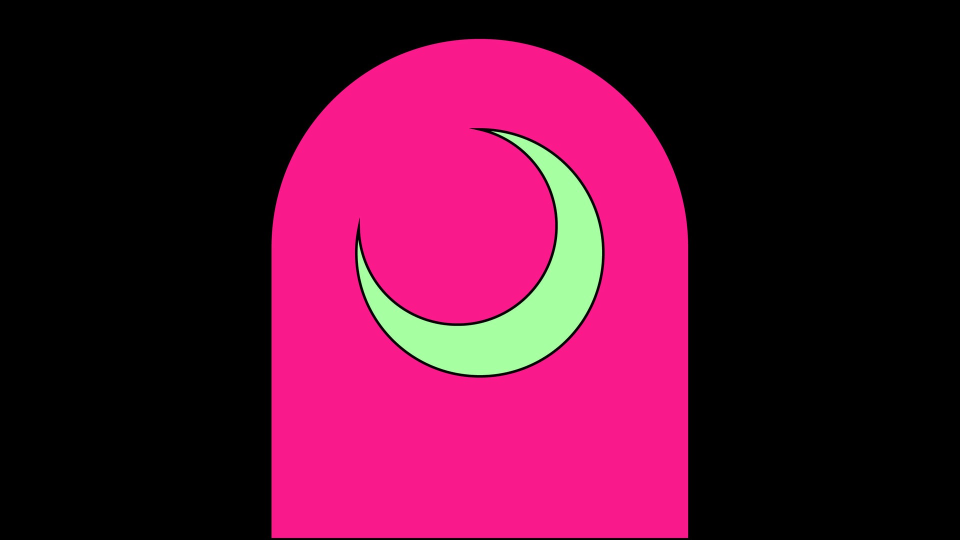 Die Grafik zeigt einen grünen Sichelmond auf einem pinken, halbrunden Grund auf einem schwarzen Rechteck. Die Grafik zeigt einen grünen Sichelmond auf einem pinken, halbrunden Grund auf einem schwarzen Rechteck.