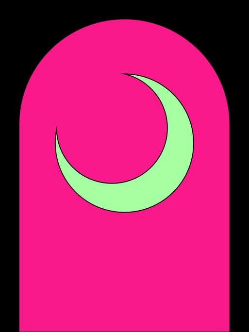 Die Grafik zeigt einen grünen Sichelmond auf einem pinken, halbrunden Grund auf einem schwarzen Rechteck.