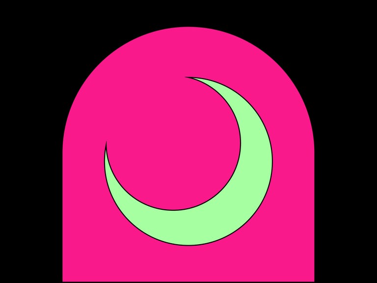 Die Grafik zeigt einen grünen Sichelmond auf einem pinken, halbrunden Grund auf einem schwarzen Rechteck.