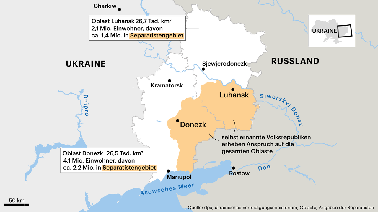 Karte zeigt die von Separatisten kontrollierten Gebieten Donezk und Luhanzk