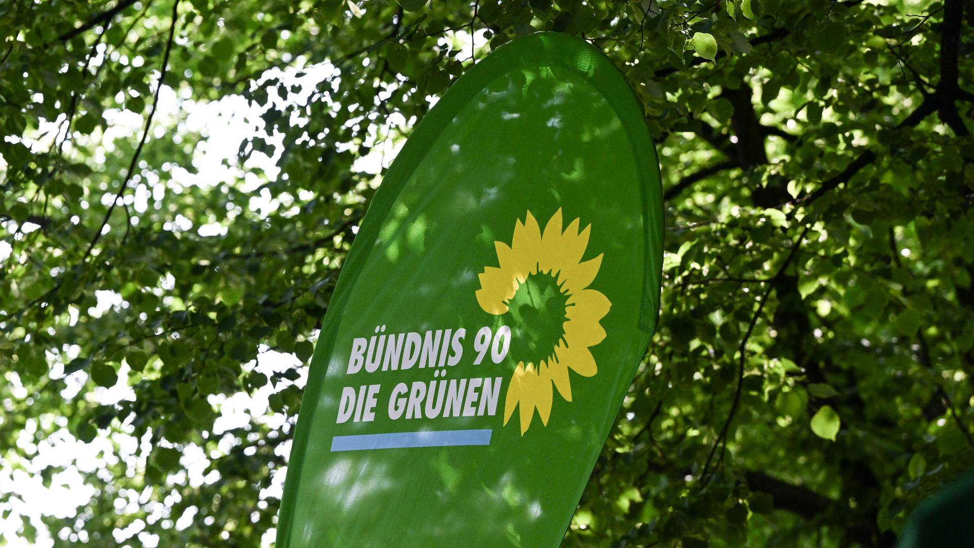 Das Logo von Bündnis 90/Die Grünen an einem Aufsteller in Potsdam, im Hintergrund die belaubten Äste eines Baums.