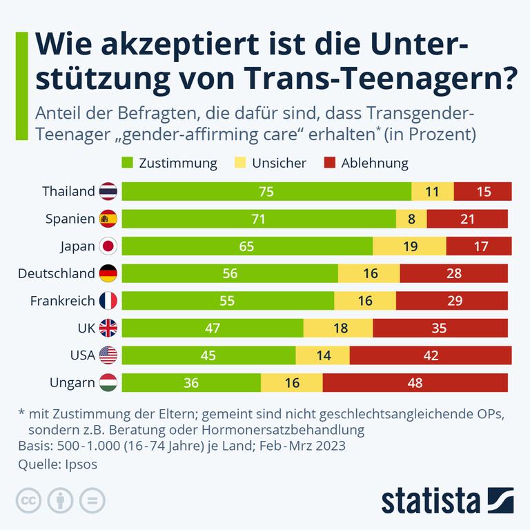 Die Grafik zeigt den Anteil der Befragten, die die Belange von transidenten Teenagern unterstützen, unsicher sind oder nicht unterstützten. 