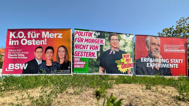 Drei große Wahlplakate nebeneinander an einer Wiese: BSW mit der Aufschrift „K.O. für Merz im Osten!", Grüne mit „Politik für morgen. Nicht von gestern." und SPD mit „Erfahrung statt Experimente" und dem Kandidaten Armin Willingmann.