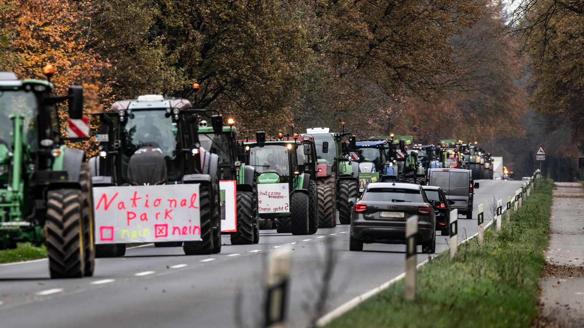 Traktoren fahren auf einer Landstraße hintereinander. sie fahren durch ein Waldgebiet. An einem Trecker hängt ein Schild. Darauf steht "Nationalpark - Nein".