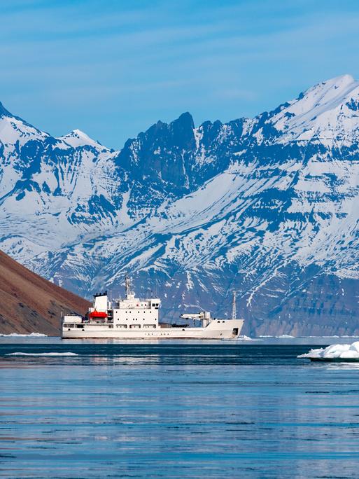 An der Nordostküste von Grönland fährt ein Eisbrecher mit Touristen an Bord an einem Fjord entlang.