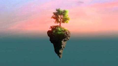 Digital gerendertes Bild einer vor rosa Abendhimmel schwebenden kleinen Insel mit einem Baum darauf.