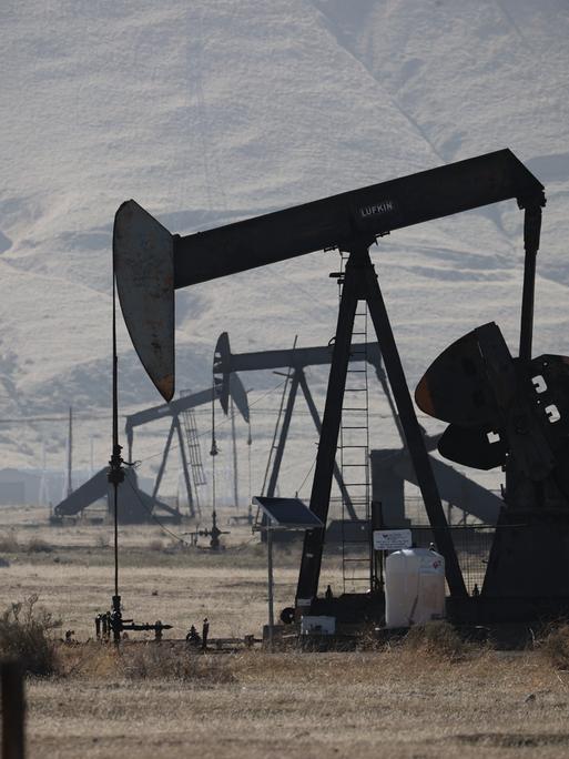 Mehrere Ölbohrtürme stehen in einer trockenen in den USA. Die metallenen Pumpanlagen mit ihren markanten Hebelarmen fördern Öl aus dem Boden.