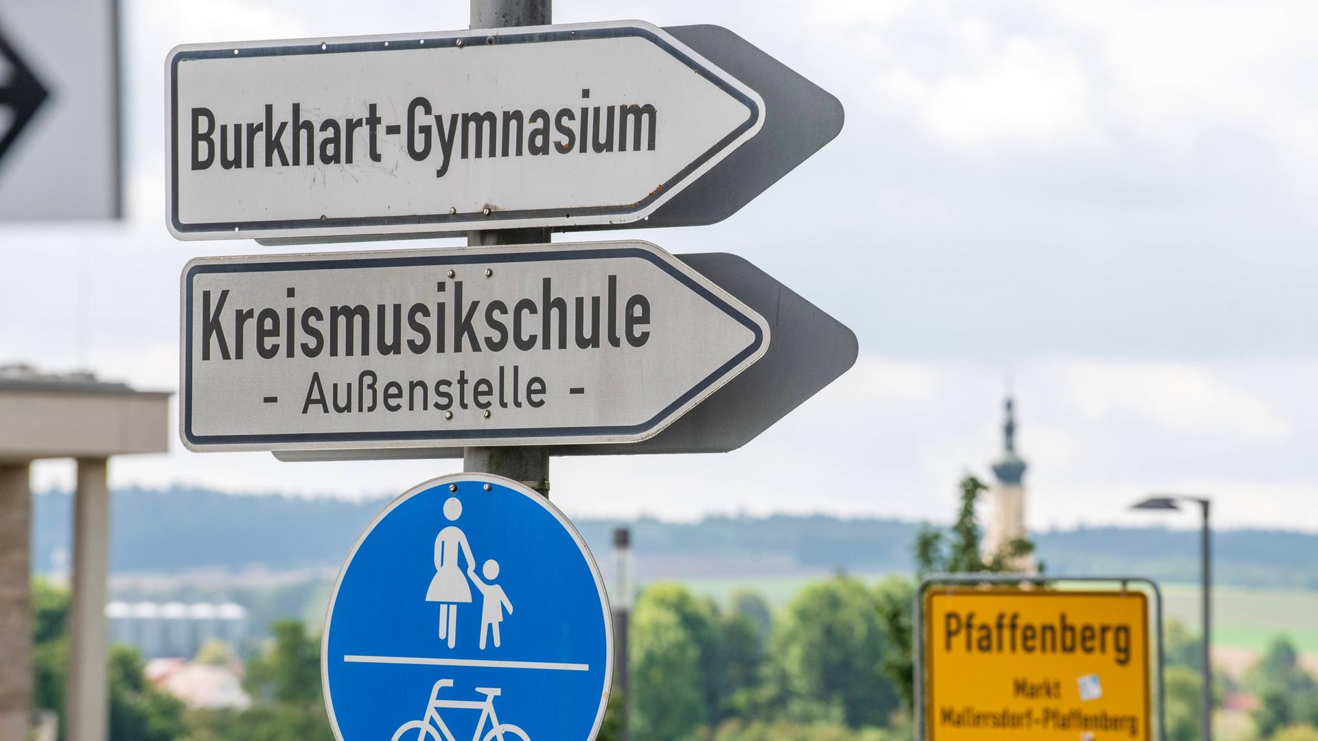 Zu sehen ist ein Schild das in Richtung des "Burkhart-Gymnasiums" in Mallersdorf-Pfaffenberg zeigt. Das ist die ehemalige Schule von Hubert und Helmut Aiwanger.