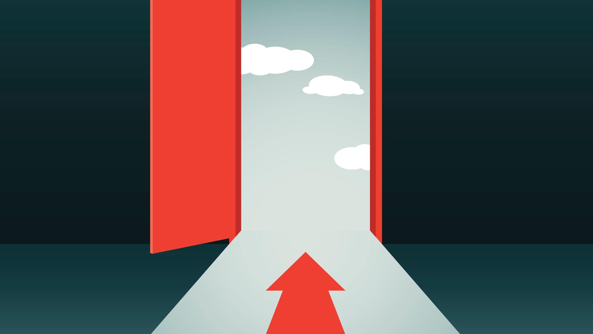 Illustration einer Tür, die geöffnet ist. Ein Pfeil am Boden zeigt nach außen. Illustration einer Tür, die geöffnet ist. Ein Pfeil am Boden zeigt nach außen.
