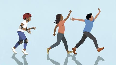 Grafik: Ein Junge mit Sicherheitshelm läuft vorsichtig seinen beiden Spiel- oder Sportkameraden hinterher