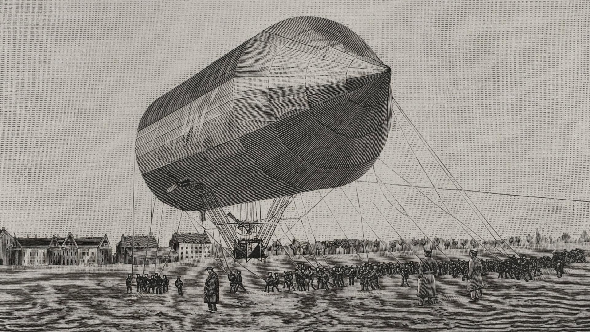 Zeichnung über den Flugversuch mit einem Aluminium-Luftschiff, der am 3. November 1897 in Tempelhof in Berlin stattfand