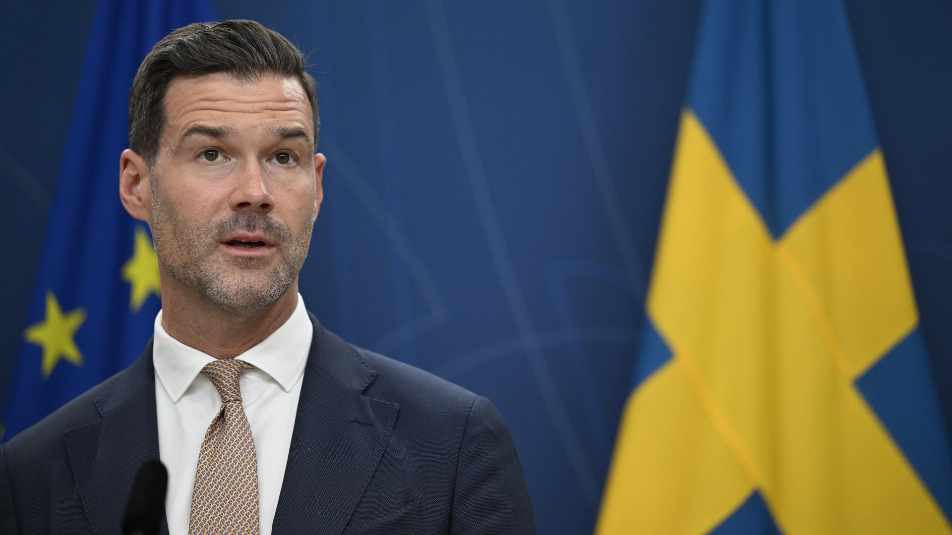 Schwedens Migrationsminister Johan Forssell im dunklen Anzug vor einer schwedischen Flagge