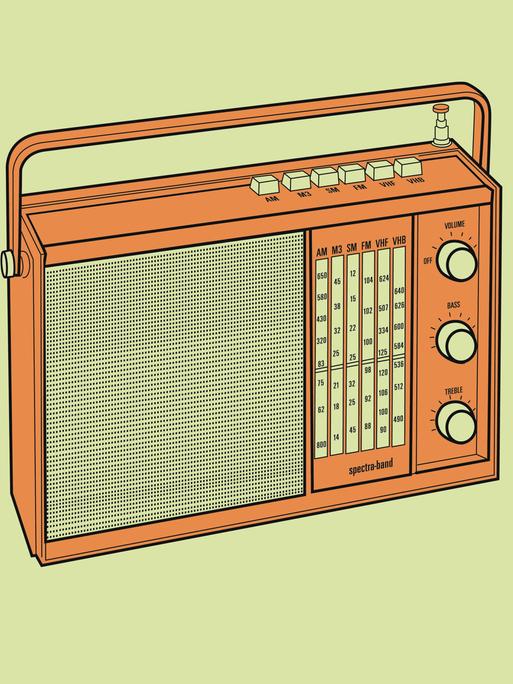 Illustration eines orangfarbenen Radios vor Mintgrünem Hintergrund.