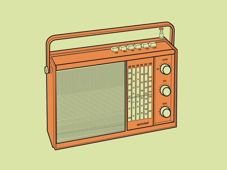 Illustration eines orangfarbenen Radios vor Mintgrünem Hintergrund.