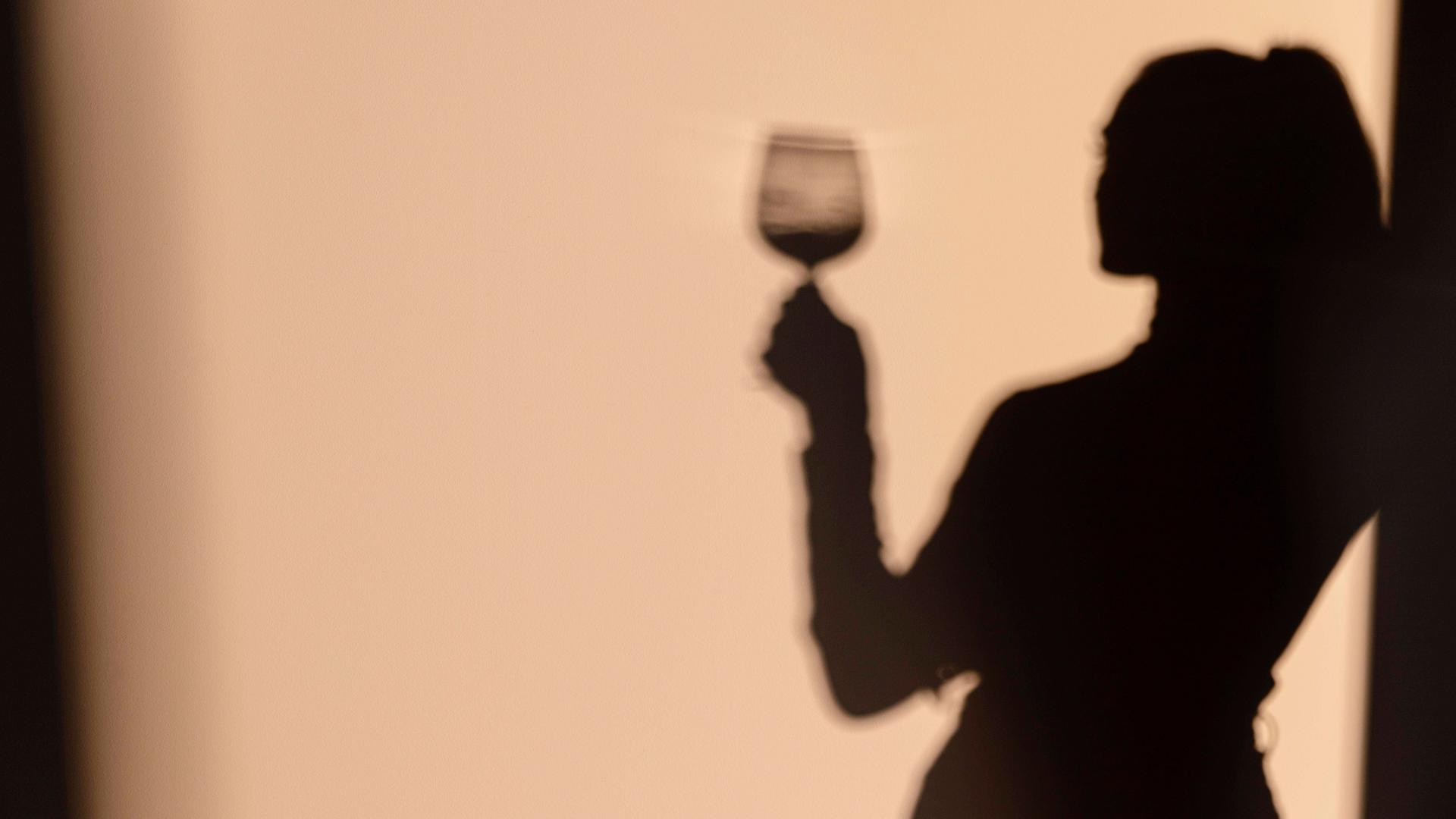 Die Silhouette einer Frau mit einem Weinglas in der Hand Die Silhouette einer Frau mit einem Weinglas in der Hand