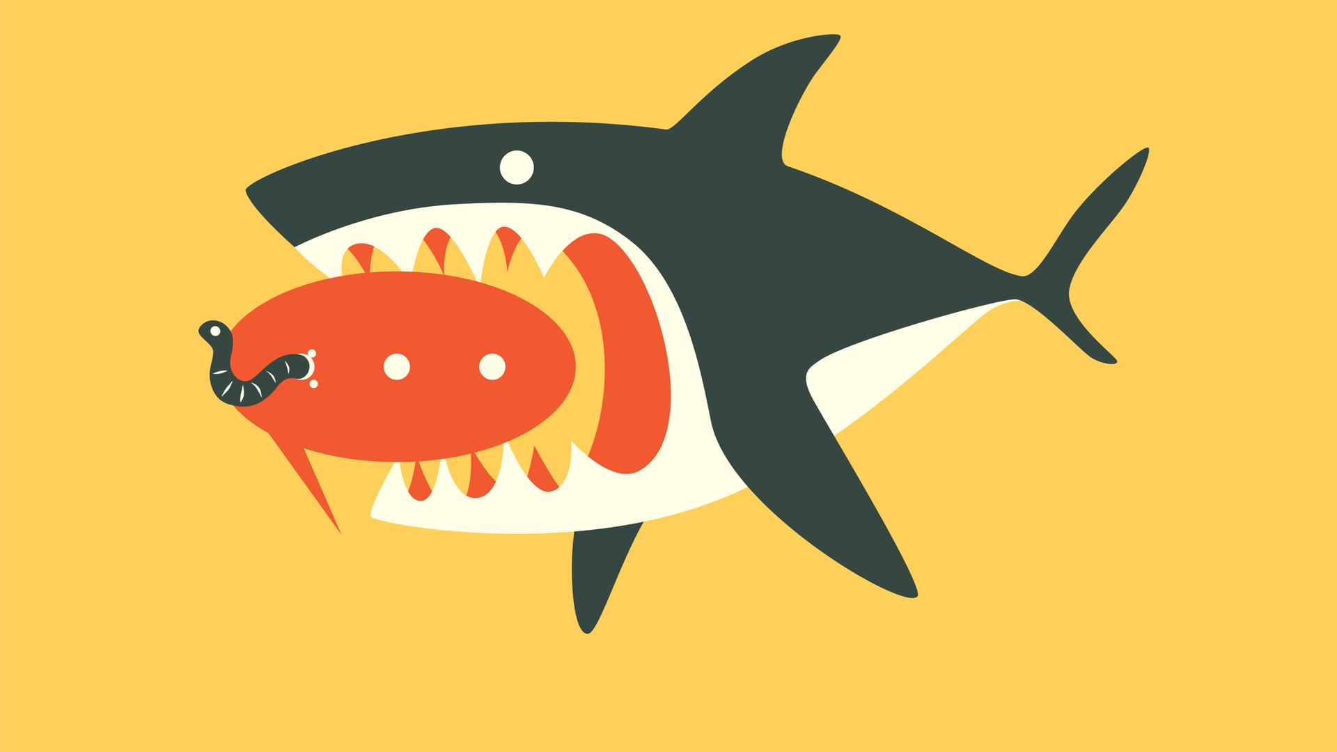 Illustration eines Hais, der einen Kommentar auffrisst, in dem ein Wurm sitzt.