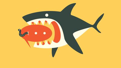 Illustration eines Hais, der einen Kommentar auffrisst, in dem ein Wurm sitzt.