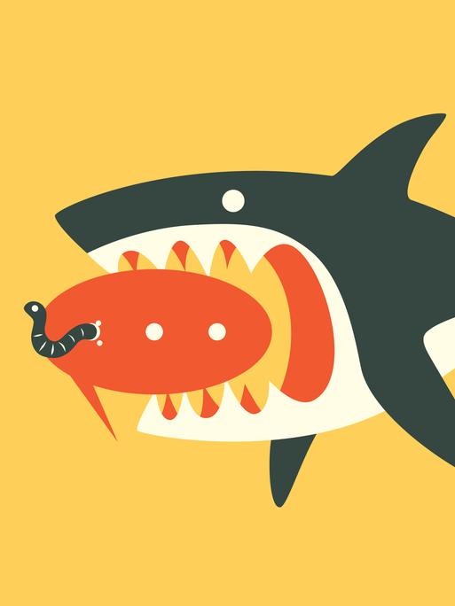 Illustration eines Hais, der einen Kommentar auffrisst, in dem ein Wurm sitzt.