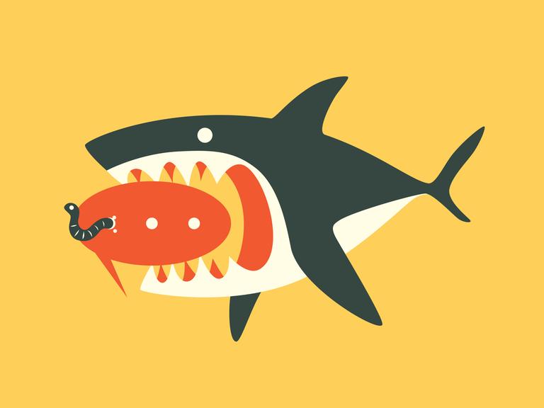 Illustration eines Hais, der einen Kommentar auffrisst, in dem ein Wurm sitzt.