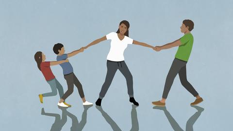 Mann und Kinder ziehen Mutter an den Armen (Illustration).