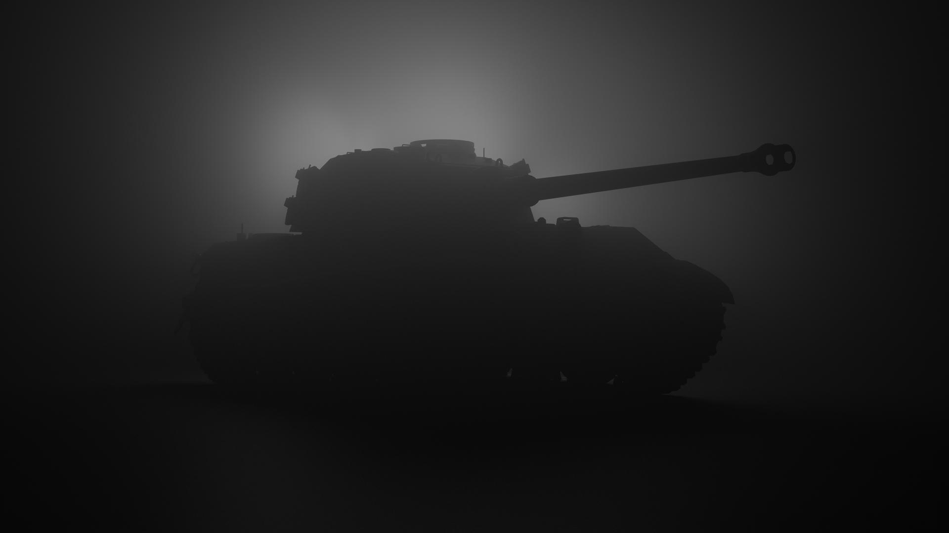 Silhouette eines Panzers vor nebelig dunklem Hintergrund
