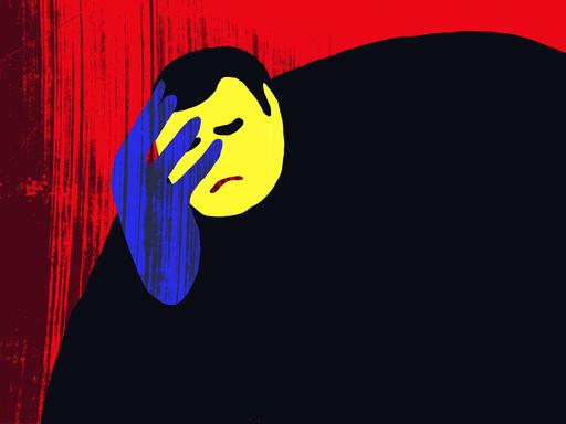 Eine gezeichnete Figur greift sich mit der geöffneten Hand an Stirn und Wange, was Scham ausdrücken soll. Eine gezeichnete Figur greift sich mit der geöffneten Hand an Stirn und Wange, was Scham ausdrücken soll.