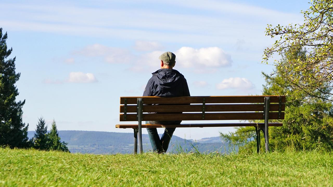 Ein älterer Herr sitzt mit dem Rücken zum Betrachter auf einer Parkbank mit Blick in die Ferne.