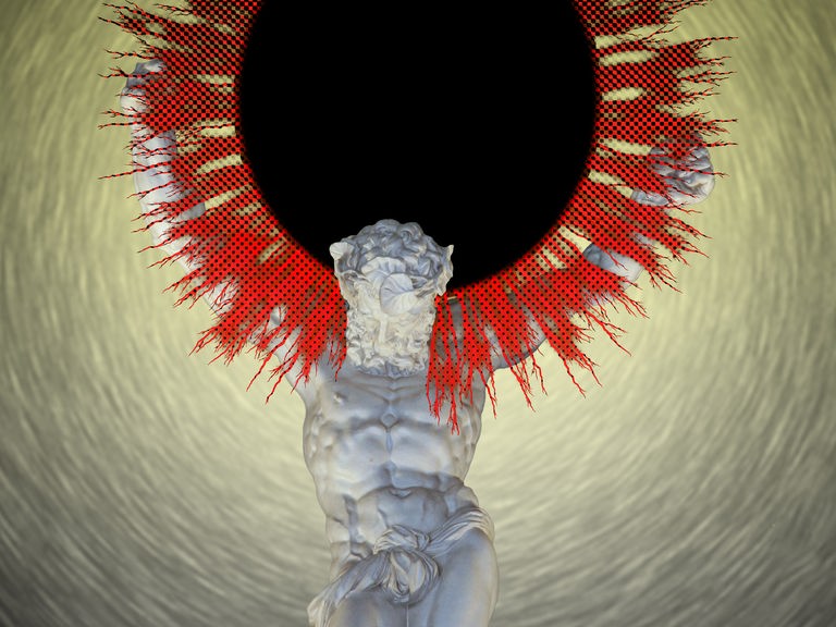 Collage einer Atlasfigur aus Marmor, der auf seinen Schultern statt der Welt das schwarze Loch trägt.
