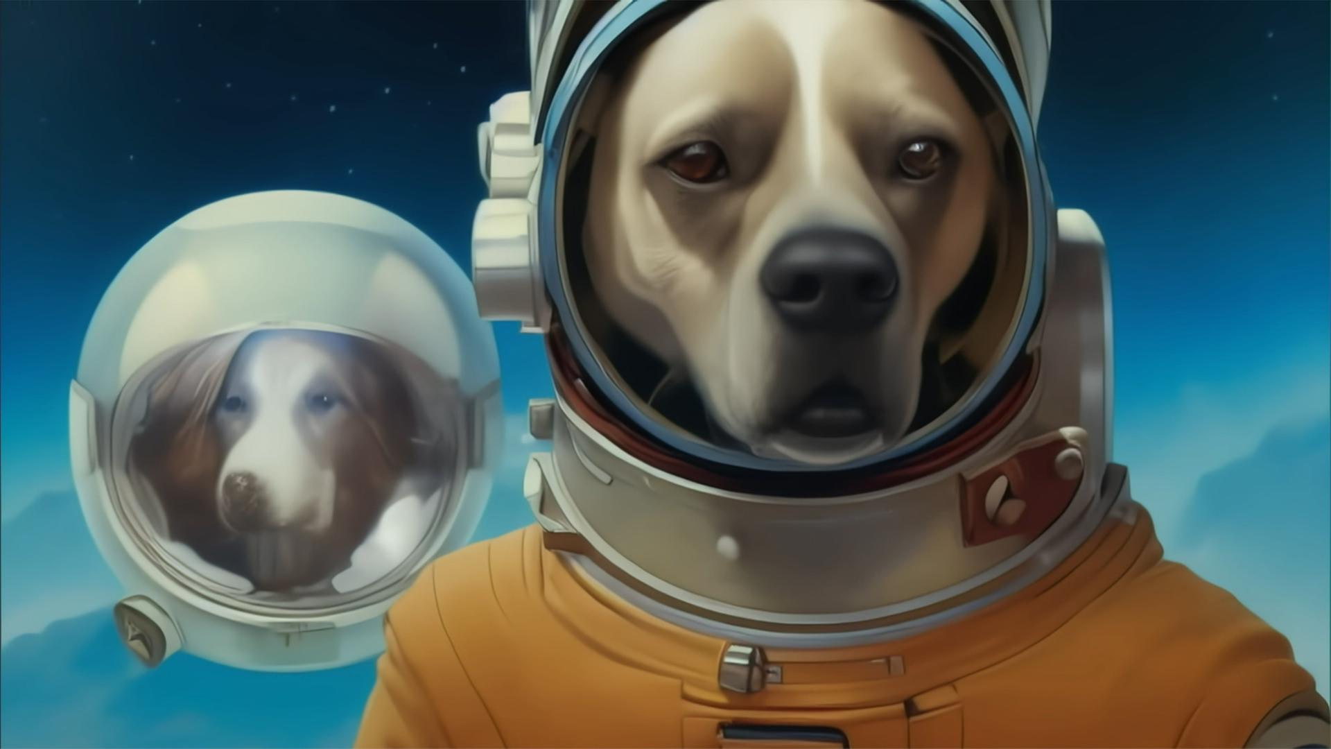 Der Filmstill aus "Cosmic Miniatures" zeigt zwei KI-generierte Hunde in Astronautenanzügen.