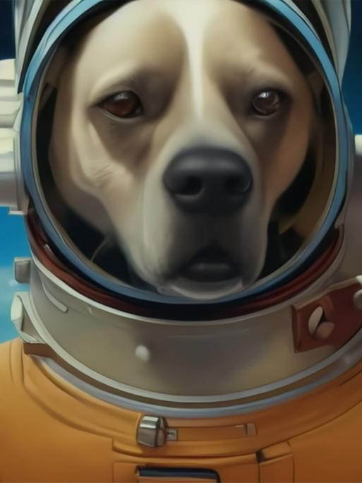 Der Filmstill aus "Cosmic Miniatures" zeigt zwei KI-generierte Hunde in Astronautenanzügen.